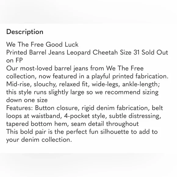 NWOT WE THE FREE Free People Good Luck Mid Ruse Barrel Jeans leopard animal 31 - Picture 10 of 10